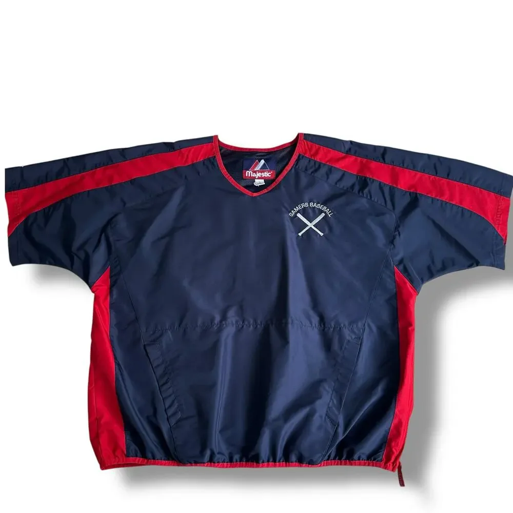 Vtg Majestic Baseball Top Warm Up Pullover Gamers Short Sleeved Blue Red Size L